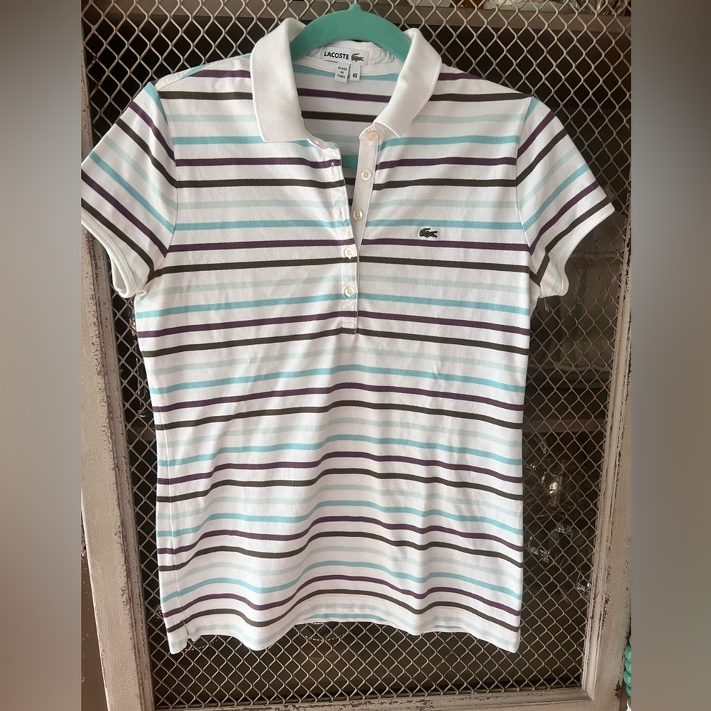 Lacoste White, Blue and Purple Button Down Classic Knit Polo shirt.